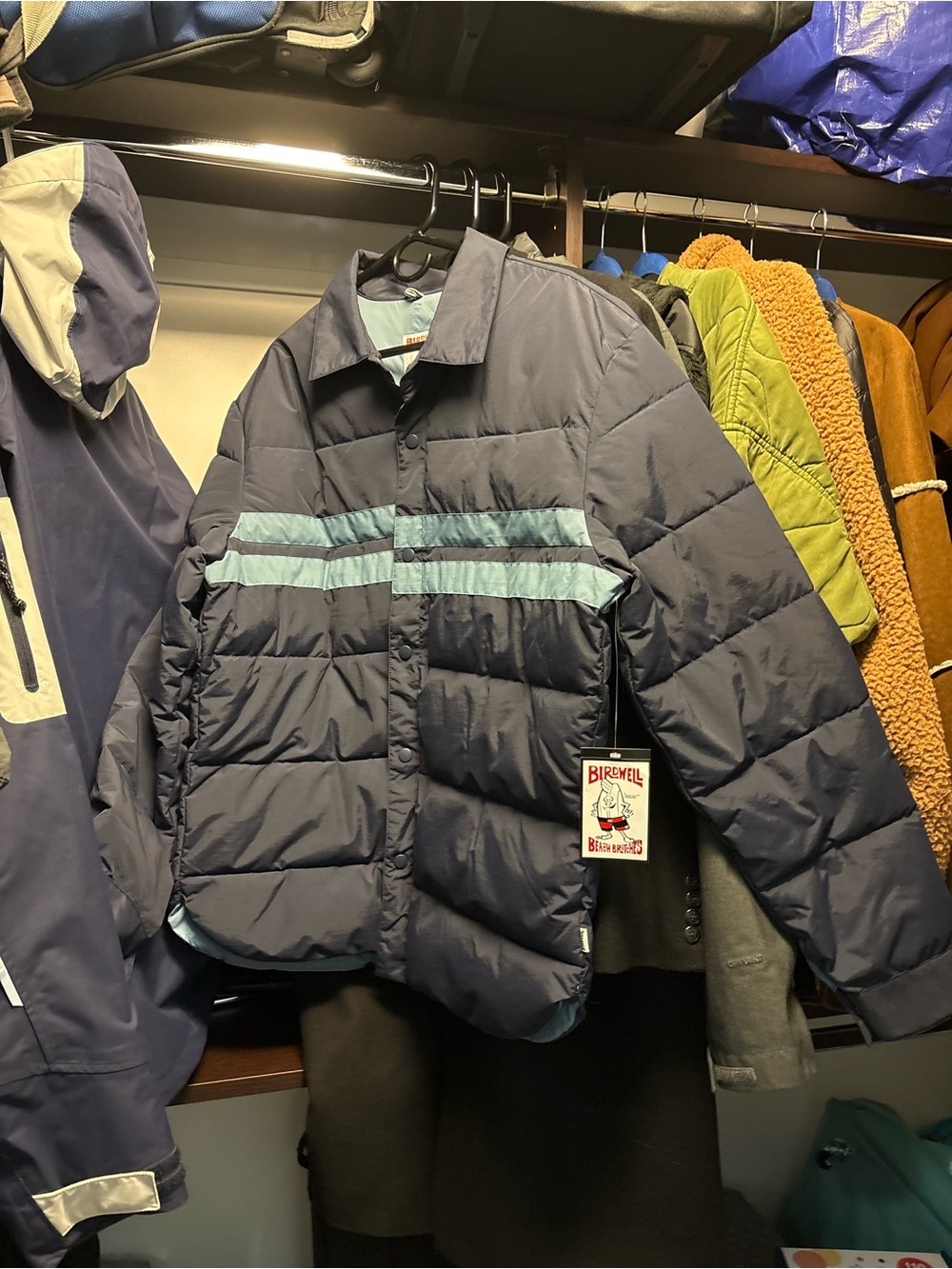 Birdwell Navy Puffer Jacket with Light Blue Stripes